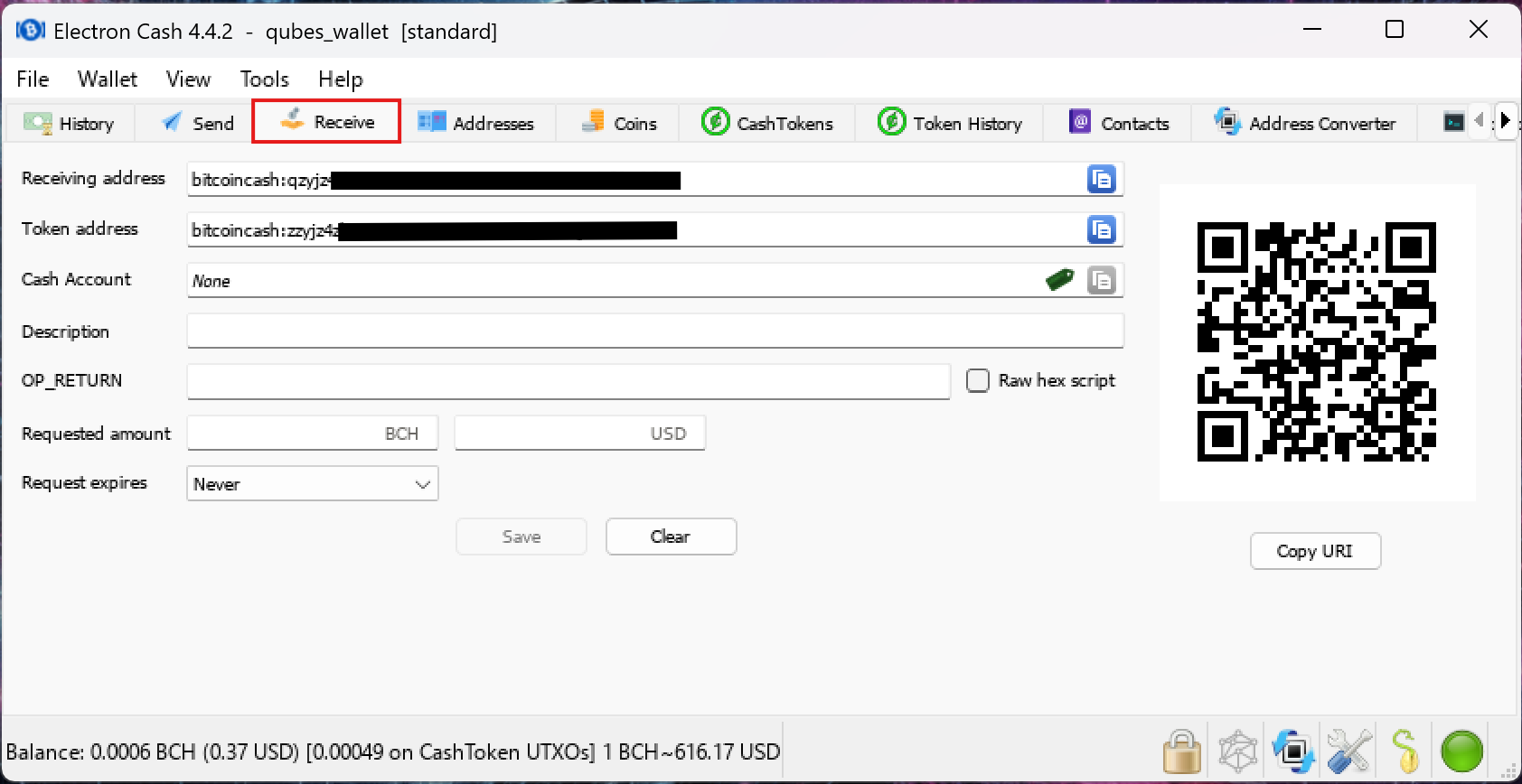 Electron Cash Receive tab showing q and z addresses